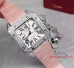 Replica Diamond Cartier Santos 100 Watch - White Dial Pink Leather Band 51mm or 35mm Watch